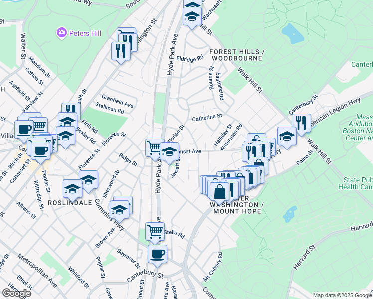 map of restaurants, bars, coffee shops, grocery stores, and more near 48 Neponset Avenue in Boston