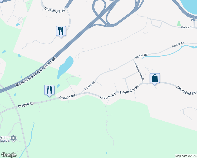map of restaurants, bars, coffee shops, grocery stores, and more near 130 Parker Road in Framingham