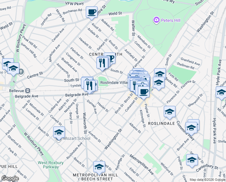 map of restaurants, bars, coffee shops, grocery stores, and more near 83 Belgrade Avenue in Roslindale