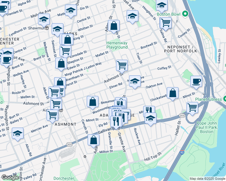 map of restaurants, bars, coffee shops, grocery stores, and more near 29 Helena Road in Boston