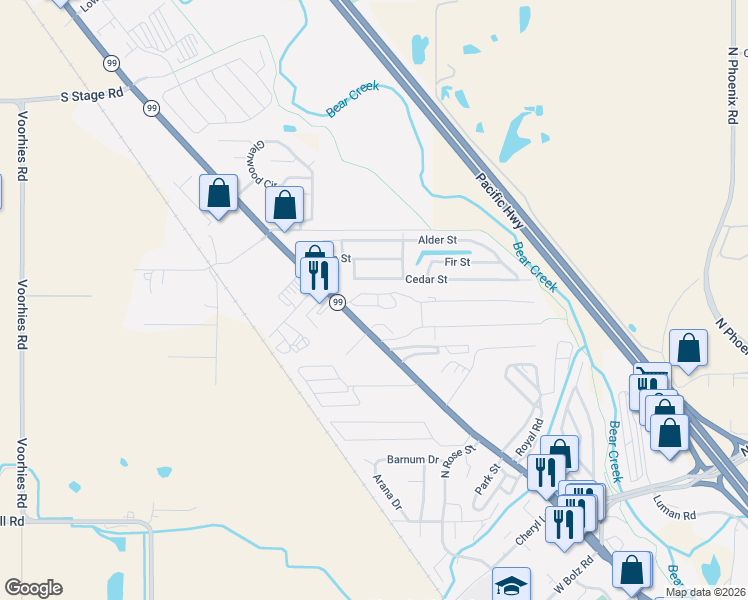 map of restaurants, bars, coffee shops, grocery stores, and more near 3653 South Pacific Highway in Medford
