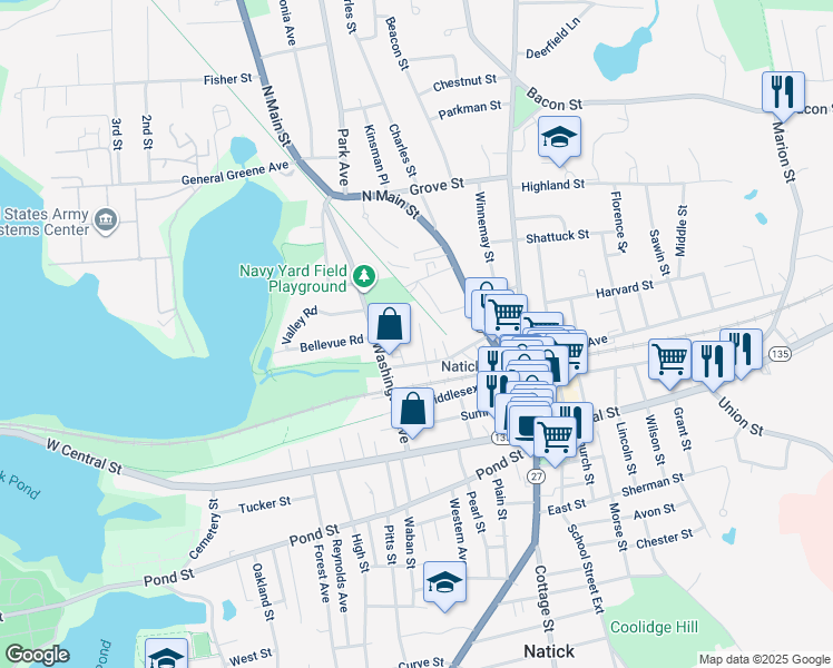 map of restaurants, bars, coffee shops, grocery stores, and more near 12 Harrison Street in Natick