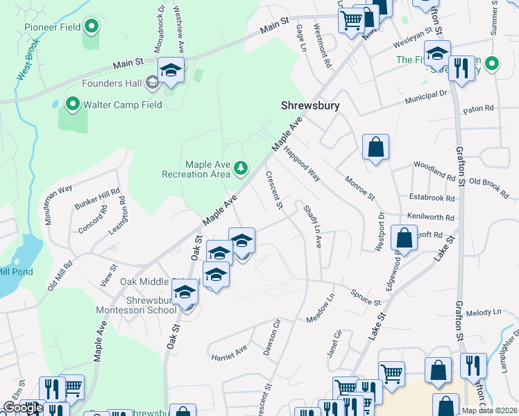map of restaurants, bars, coffee shops, grocery stores, and more near 22 Fiske Street in Shrewsbury
