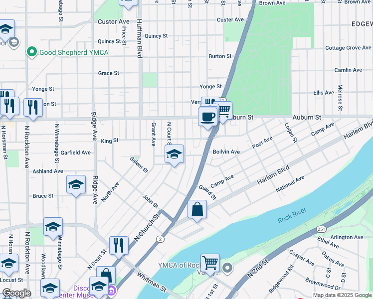 map of restaurants, bars, coffee shops, grocery stores, and more near 1309 North Church Street in Rockford