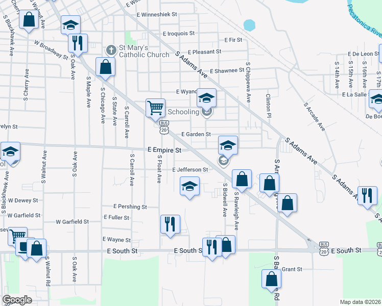 map of restaurants, bars, coffee shops, grocery stores, and more near 1310 South Galena Avenue in Freeport