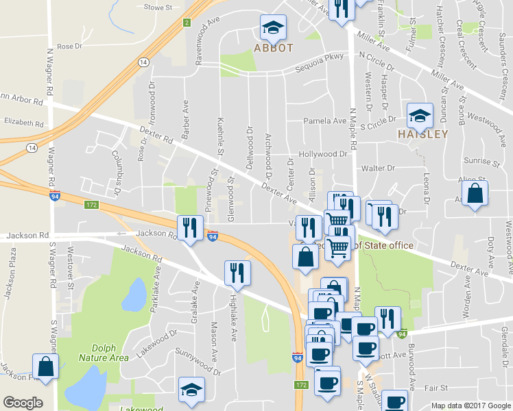 map of restaurants, bars, coffee shops, grocery stores, and more near 434 Evergreen Drive in Ann Arbor