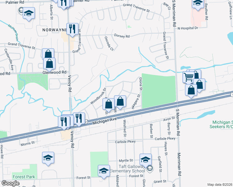 map of restaurants, bars, coffee shops, grocery stores, and more near 3143 Mildred Street in Wayne