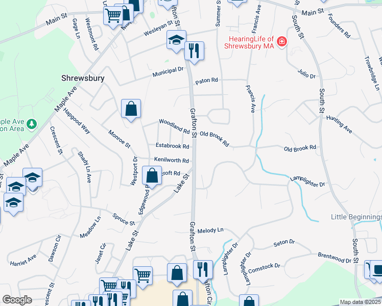 map of restaurants, bars, coffee shops, grocery stores, and more near 150 Grafton Street in Shrewsbury