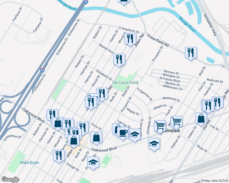map of restaurants, bars, coffee shops, grocery stores, and more near 17659 Ruth Street in Melvindale