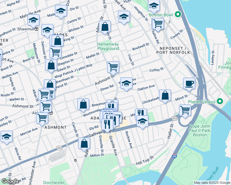 map of restaurants, bars, coffee shops, grocery stores, and more near 679 Adams Street in Boston