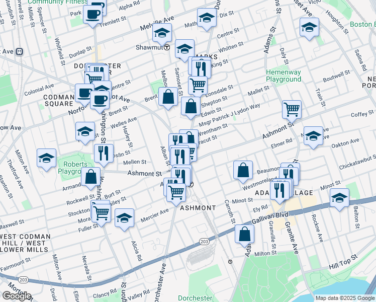 map of restaurants, bars, coffee shops, grocery stores, and more near 1884 Dorchester Avenue in Boston