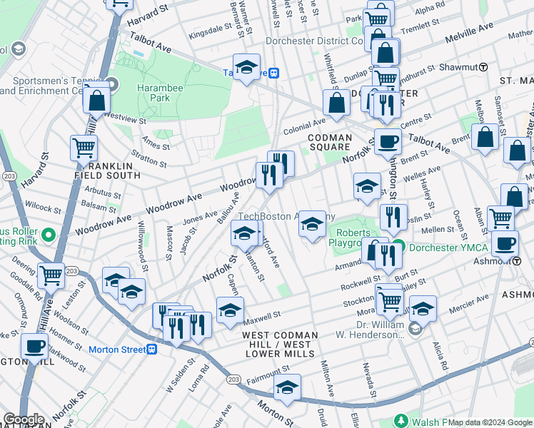 map of restaurants, bars, coffee shops, grocery stores, and more near 174 Norfolk Street in Boston