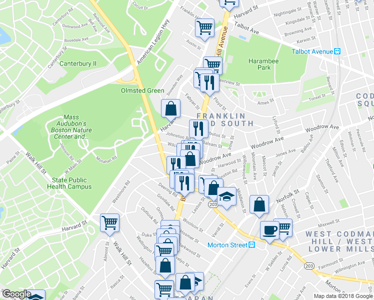 map of restaurants, bars, coffee shops, grocery stores, and more near 1111 Massachusetts 28 in Boston