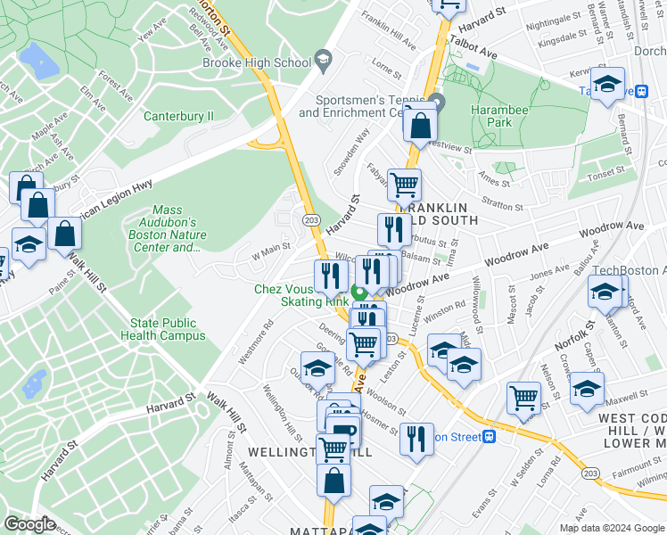 map of restaurants, bars, coffee shops, grocery stores, and more near 29 Havelock Street in Boston