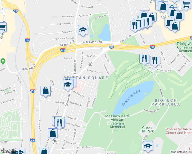 map of restaurants, bars, coffee shops, grocery stores, and more near 31 Shaffner Street in Worcester
