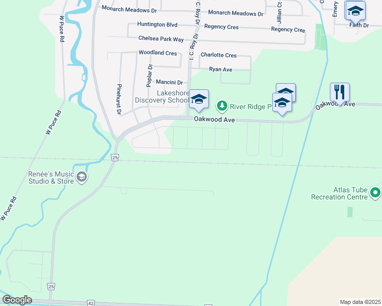 map of restaurants, bars, coffee shops, grocery stores, and more near 1069 Aspen Ridge Crescent in Belle River