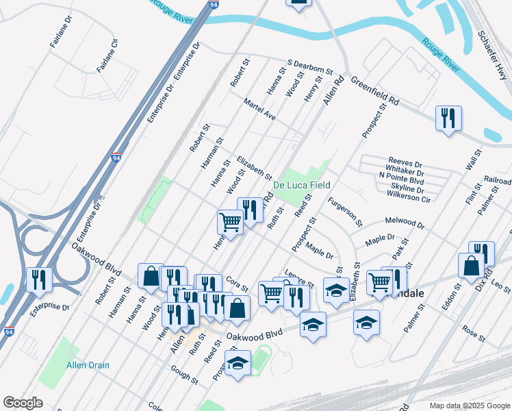 map of restaurants, bars, coffee shops, grocery stores, and more near 17705 Allen Road in Melvindale