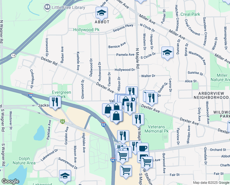 map of restaurants, bars, coffee shops, grocery stores, and more near 2633 Dexter Avenue in Ann Arbor