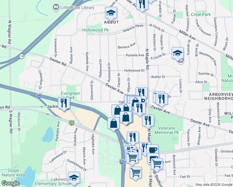 map of restaurants, bars, coffee shops, grocery stores, and more near 456 Clarendon Drive in Ann Arbor