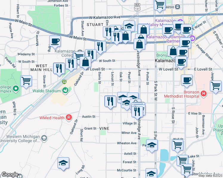 map of restaurants, bars, coffee shops, grocery stores, and more near 712 West Walnut Street in Kalamazoo