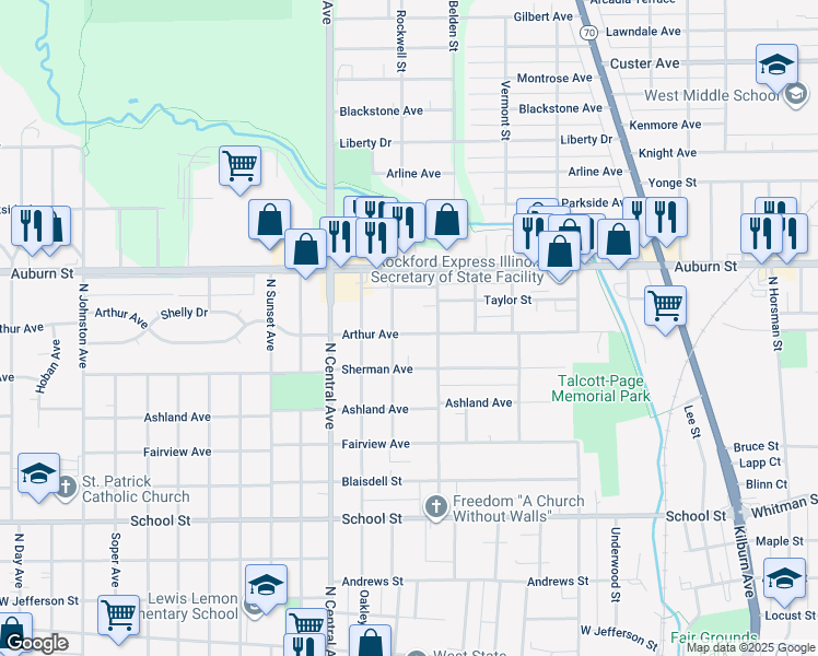 map of restaurants, bars, coffee shops, grocery stores, and more near 1007 Irving Avenue in Rockford