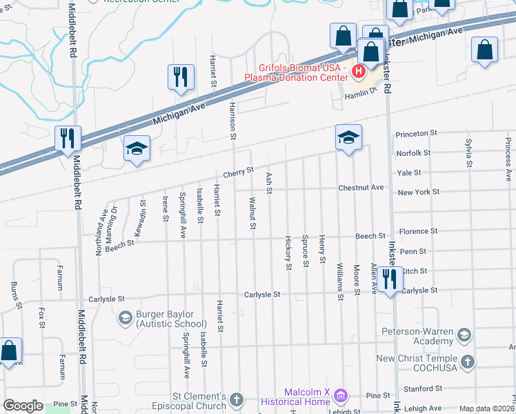 map of restaurants, bars, coffee shops, grocery stores, and more near 3262 Ash Street in Inkster