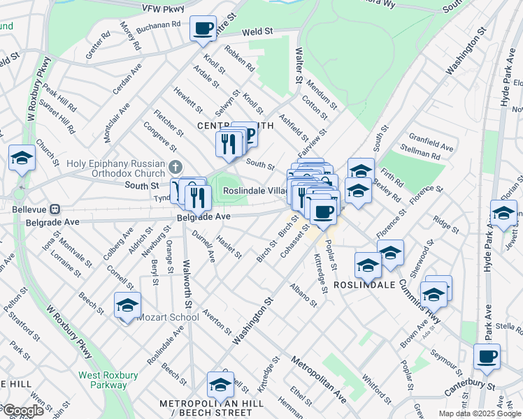 map of restaurants, bars, coffee shops, grocery stores, and more near 63 Belgrade Avenue in Boston