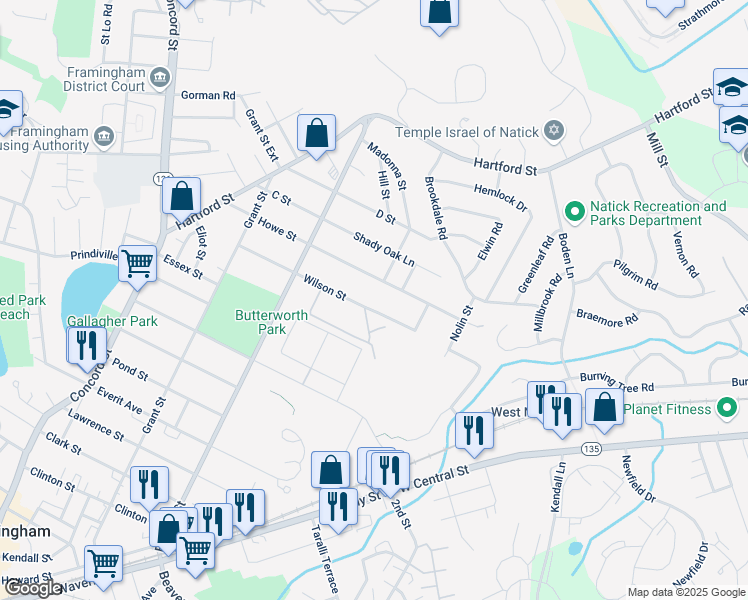 map of restaurants, bars, coffee shops, grocery stores, and more near 51 Morency Street in Framingham