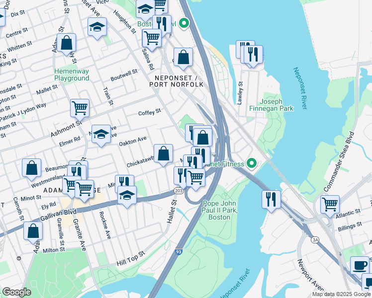 map of restaurants, bars, coffee shops, grocery stores, and more near 10 Chickatawbut Street in Boston