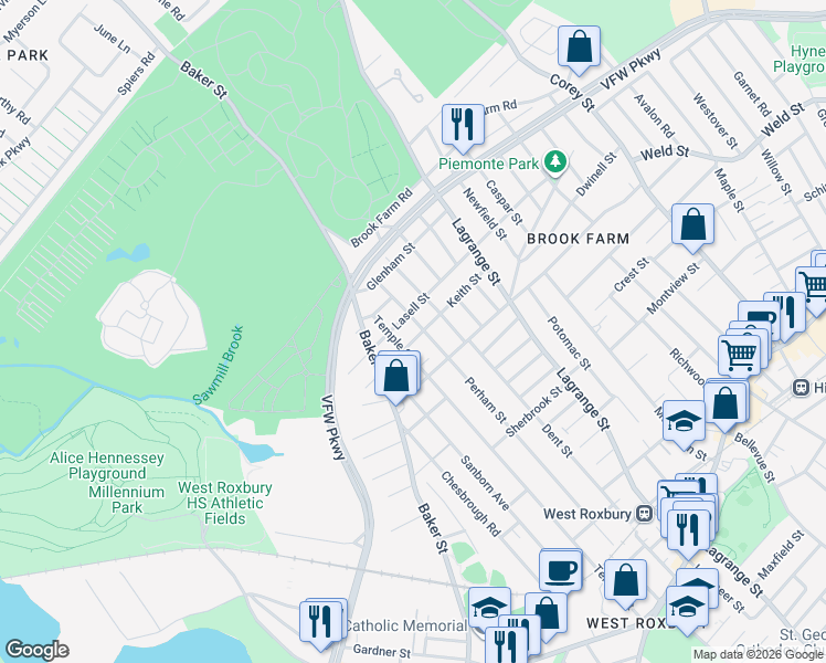 map of restaurants, bars, coffee shops, grocery stores, and more near 74 Keith St in Boston