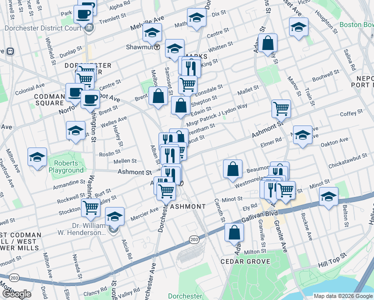 map of restaurants, bars, coffee shops, grocery stores, and more near 240 Ashmont Street in Boston