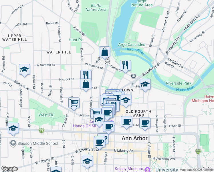 map of restaurants, bars, coffee shops, grocery stores, and more near 632 North 4th Avenue in Ann Arbor
