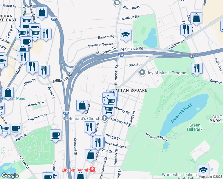 map of restaurants, bars, coffee shops, grocery stores, and more near 14 Norton Street in Worcester