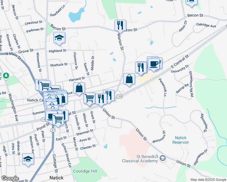 map of restaurants, bars, coffee shops, grocery stores, and more near 22 Marion Street in Natick