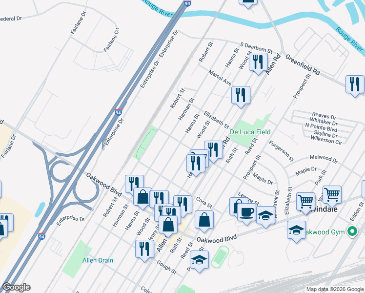 map of restaurants, bars, coffee shops, grocery stores, and more near 17904 Hanna Street in Melvindale
