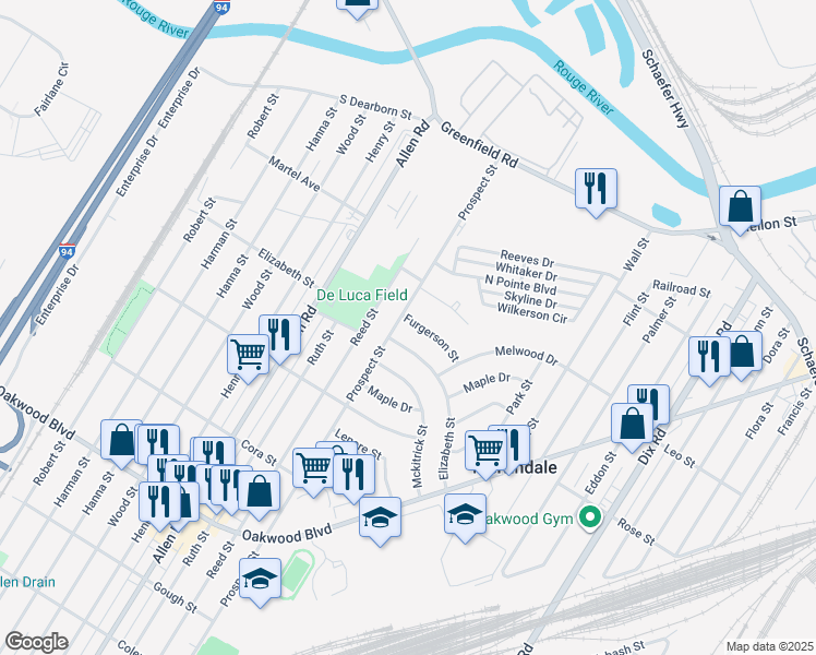 map of restaurants, bars, coffee shops, grocery stores, and more near 3627 Furgerson Street in Melvindale