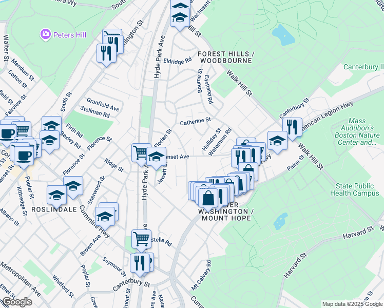 map of restaurants, bars, coffee shops, grocery stores, and more near 76 Neponset Avenue in Boston