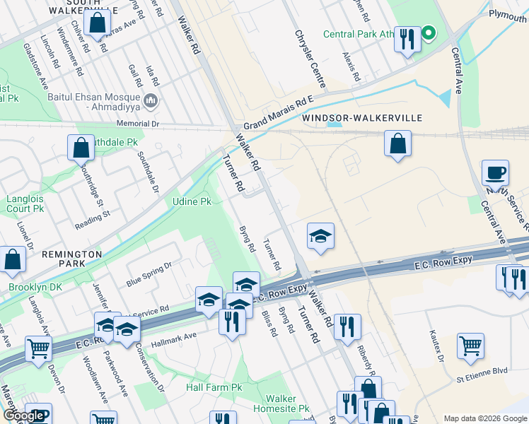map of restaurants, bars, coffee shops, grocery stores, and more near 2963 Walker Road in Windsor