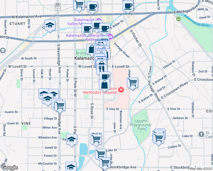 map of restaurants, bars, coffee shops, grocery stores, and more near 525 South Burdick Street in Kalamazoo