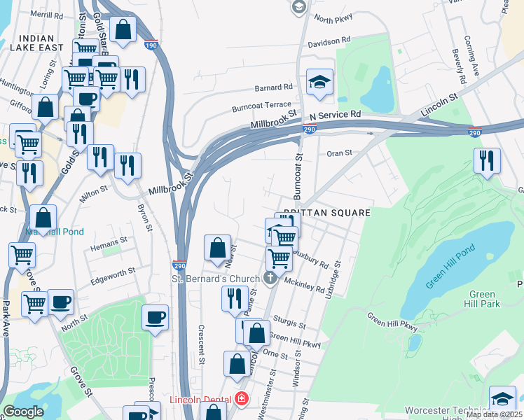map of restaurants, bars, coffee shops, grocery stores, and more near 17 Norton Street in Worcester
