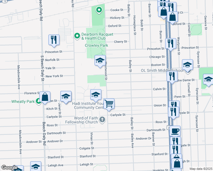 map of restaurants, bars, coffee shops, grocery stores, and more near 3325 Westwood Street in Dearborn