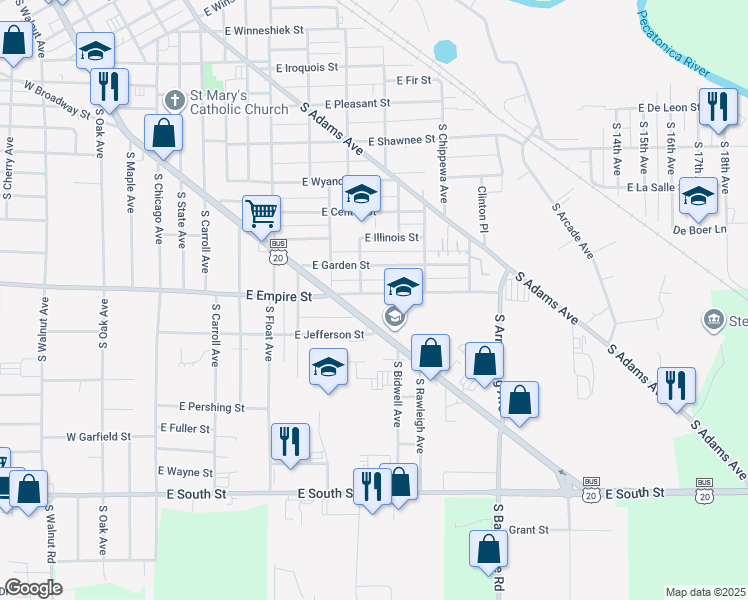 map of restaurants, bars, coffee shops, grocery stores, and more near 717 East Empire Street in Freeport