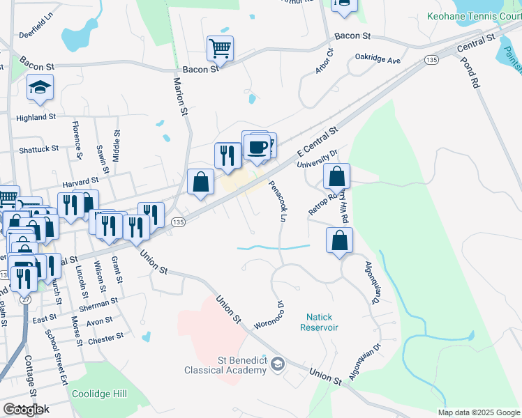 map of restaurants, bars, coffee shops, grocery stores, and more near 10 Brigham Court in Natick