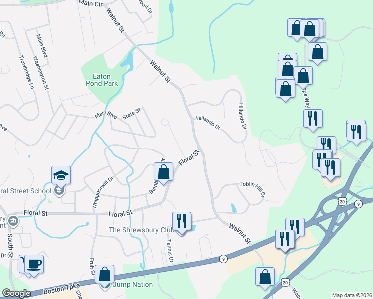 map of restaurants, bars, coffee shops, grocery stores, and more near 2 Flintlock Drive in Shrewsbury