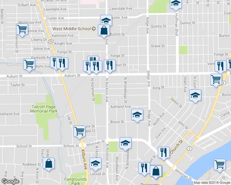 map of restaurants, bars, coffee shops, grocery stores, and more near 901 Garfield Avenue in Rockford