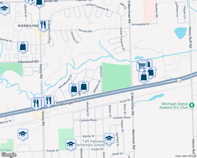 map of restaurants, bars, coffee shops, grocery stores, and more near 3098 Niagara Street in Wayne