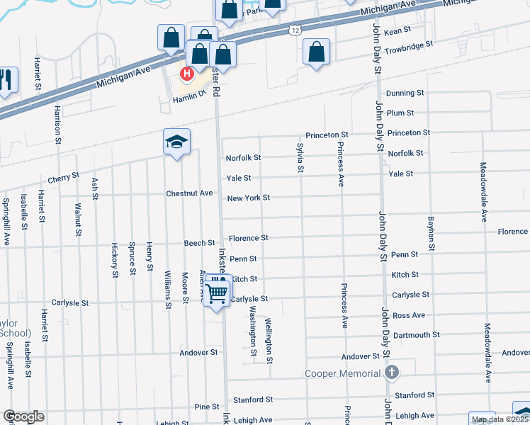 map of restaurants, bars, coffee shops, grocery stores, and more near 27156 Notre Dame Street in Inkster