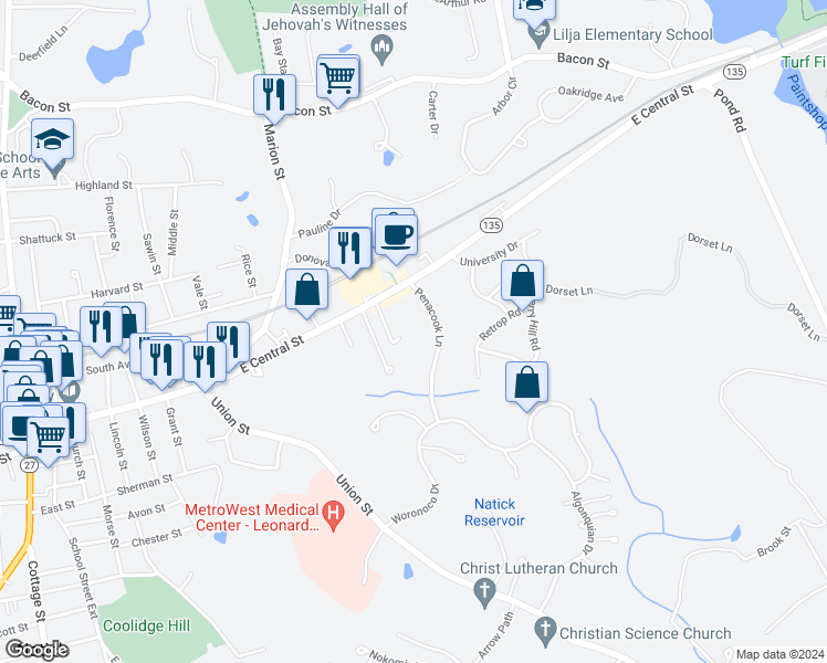 map of restaurants, bars, coffee shops, grocery stores, and more near 10 Brigham Court in Natick