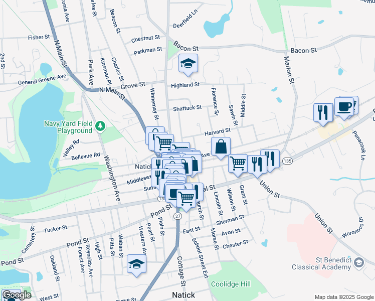 map of restaurants, bars, coffee shops, grocery stores, and more near 2 Franklin Street in Natick