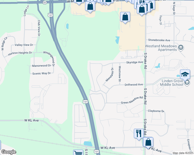 map of restaurants, bars, coffee shops, grocery stores, and more near 278 Mandalay Drive in Kalamazoo